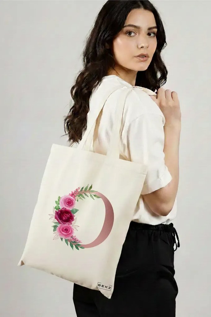 Sacosa de Panza pentru Cumparaturi, Geanta Tote, Cu litera O Rose Gold si Trandafiri, 38x34.5 cm, Alba, BEKZ®