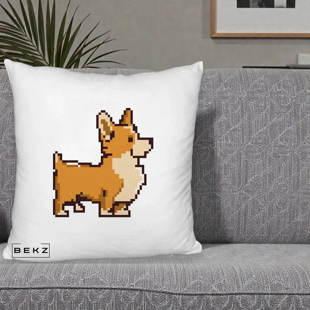 Perna Personalizata Corgi Pixel Art, 40x40 cm, Alb Pufos, Husa Detasabila, Perna Inclusa, BEKZ®