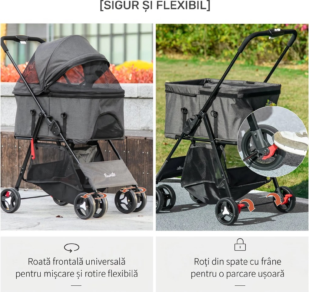 PawHut Cărucior 3 în 1 pentru Câini, Cărucior pentru Animale de Companie cu Lesă, Pernă, Coș și Baldachin, 76x51x100 cm, Gri | Aosom Romania