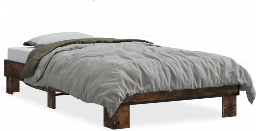 vidaXL Cadru de pat, stejar fumuriu, 75x190cm, lemn prelucrat și metal