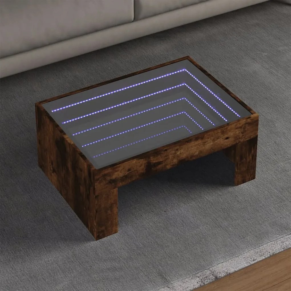 vidaXL Măsuță de cafea cu LED infinity, stejar fumuriu, 70x50x30 cm