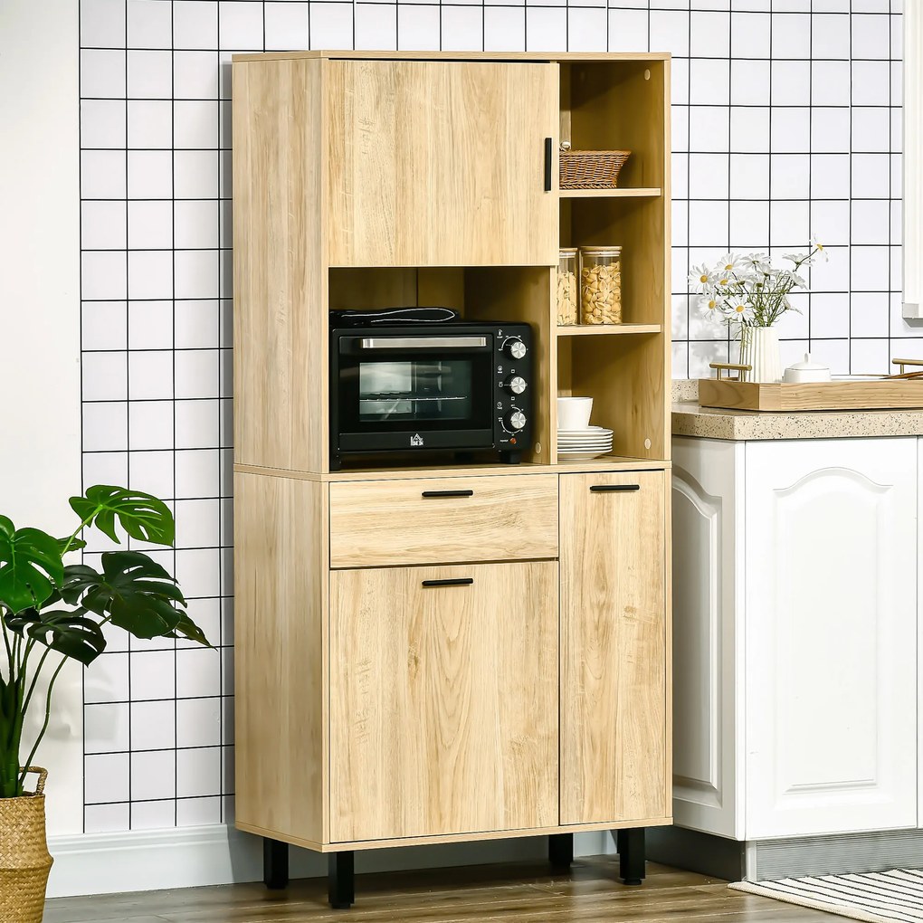 HOMCOM Bufet de bucătărie șifonier de bucătărie cu multi-stocare, cu un sertar, 3 dulapuri, 4 nișe și pas-cabluri înălțime 166 cm | Aosom Romania