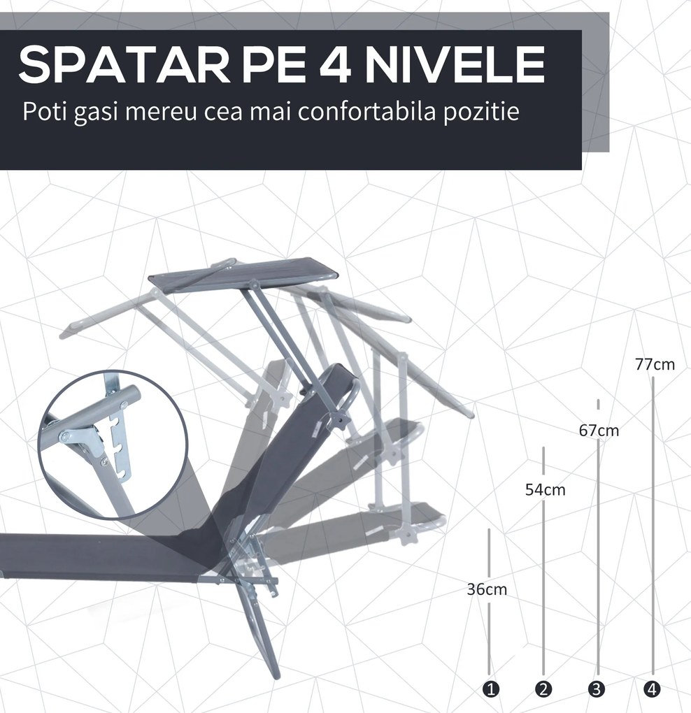 Outsunny Scaun de Plajă Pliabil și Reclinabil cu Parasolar, Confortabil, în Tesatura Oxford, Gri | Aosom Romania