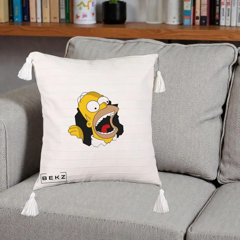 Perna Personalizata Homer Simpson Surpriza, 40x40 cm, Bej cu Franjuri, Husa Detasabila, Perna Inclusa, BEKZ®