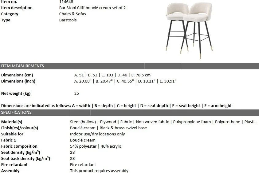 Set de 2 scaune de bar design modern Cliff, crem 114648 HZ