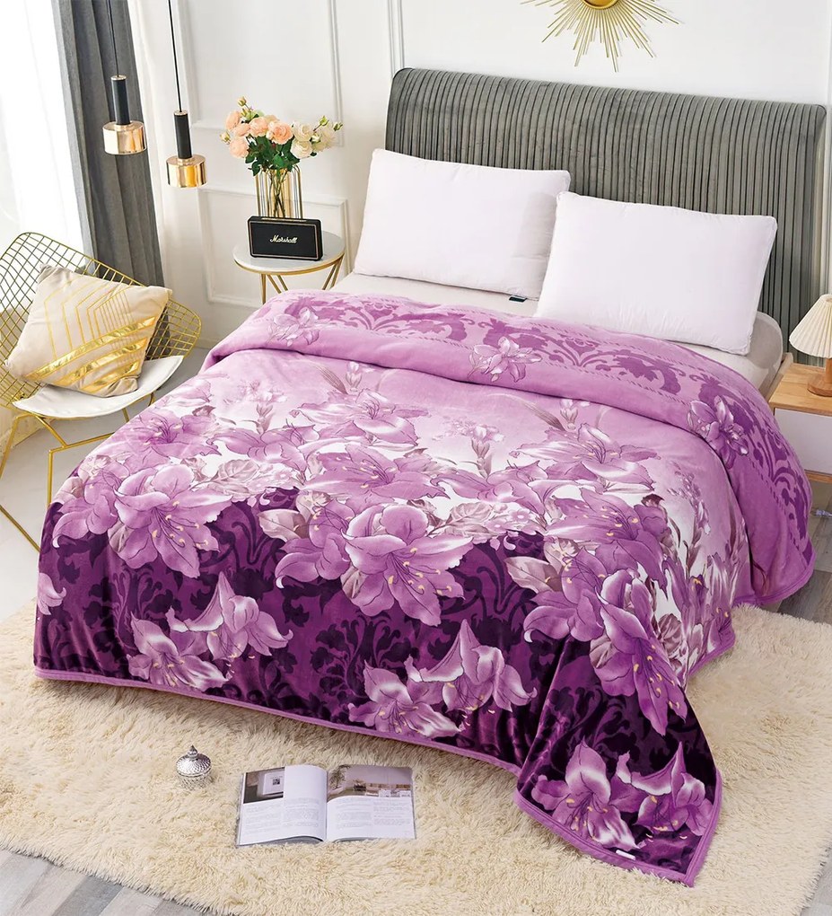 Patura Cocolino Simpla cu Bordura, 200x230 cm, Flori Lila, PJ-21