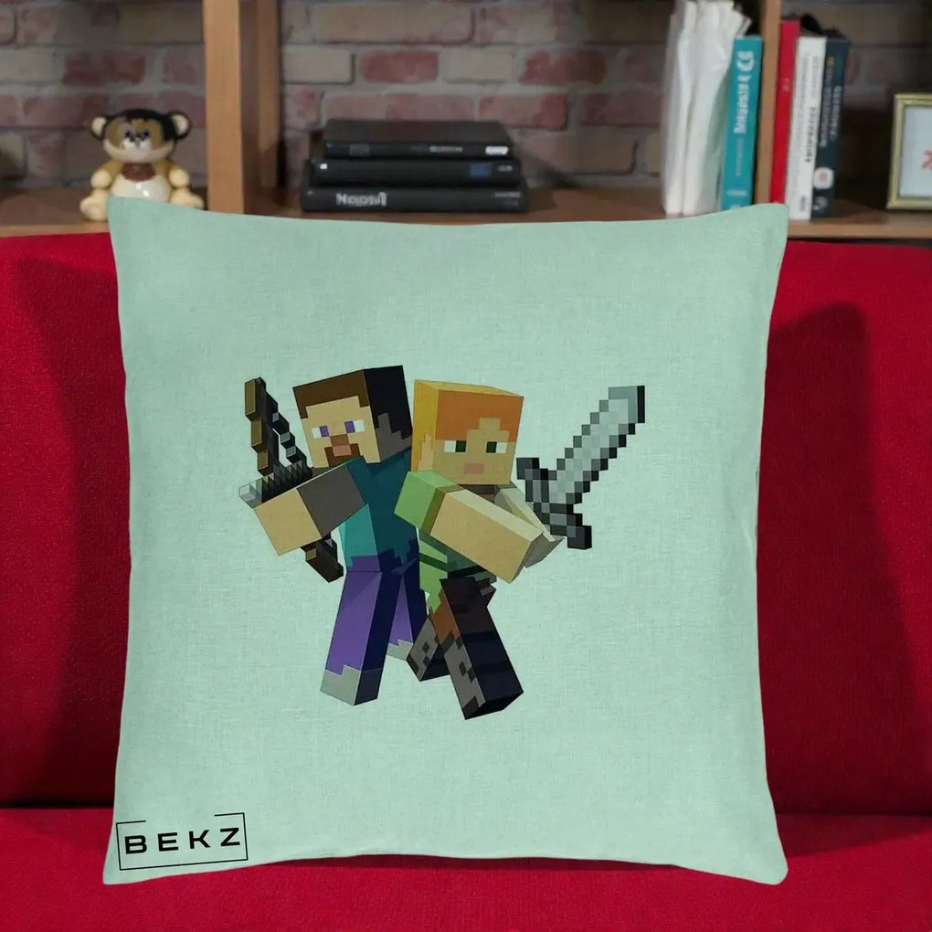 Perna Personalizata Minecraft Steve si Alex, 40x40 cm, Verde Menta, Husa Detasabila, Perna Inclusa, BEKZ®