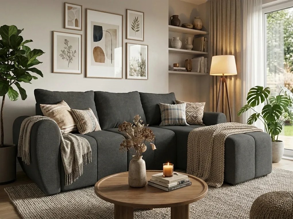 Coltar extensibil reversibil SEVIO 246x145 cm, gri inchis + 2 pernute CADOU