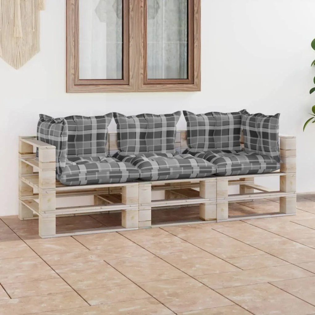 3066127 vidaXL Canapea din paleți de grădină, 3 locuri, cu perne, lemn pin