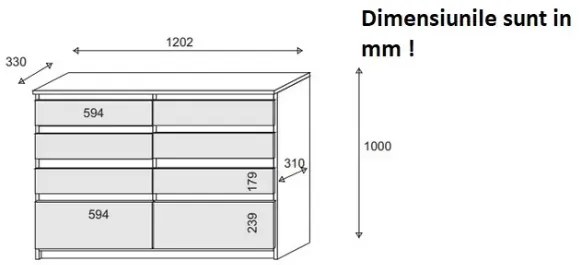 Comoda cu 8 sertare, 120x100x33 cm, stejar sonoma, pentru hol, living, dormitor, birou, Bortis Impex stejar sonoma