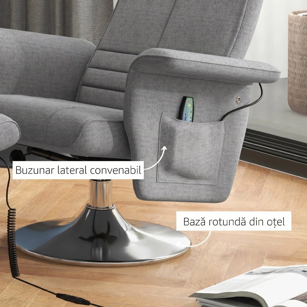 HOMCOM Fotoliu de masaj și reclinabil cu suport pentru picioare, din material textil cu efect de in, 78x90x93 cm, Gri Închis | Aosom Romania