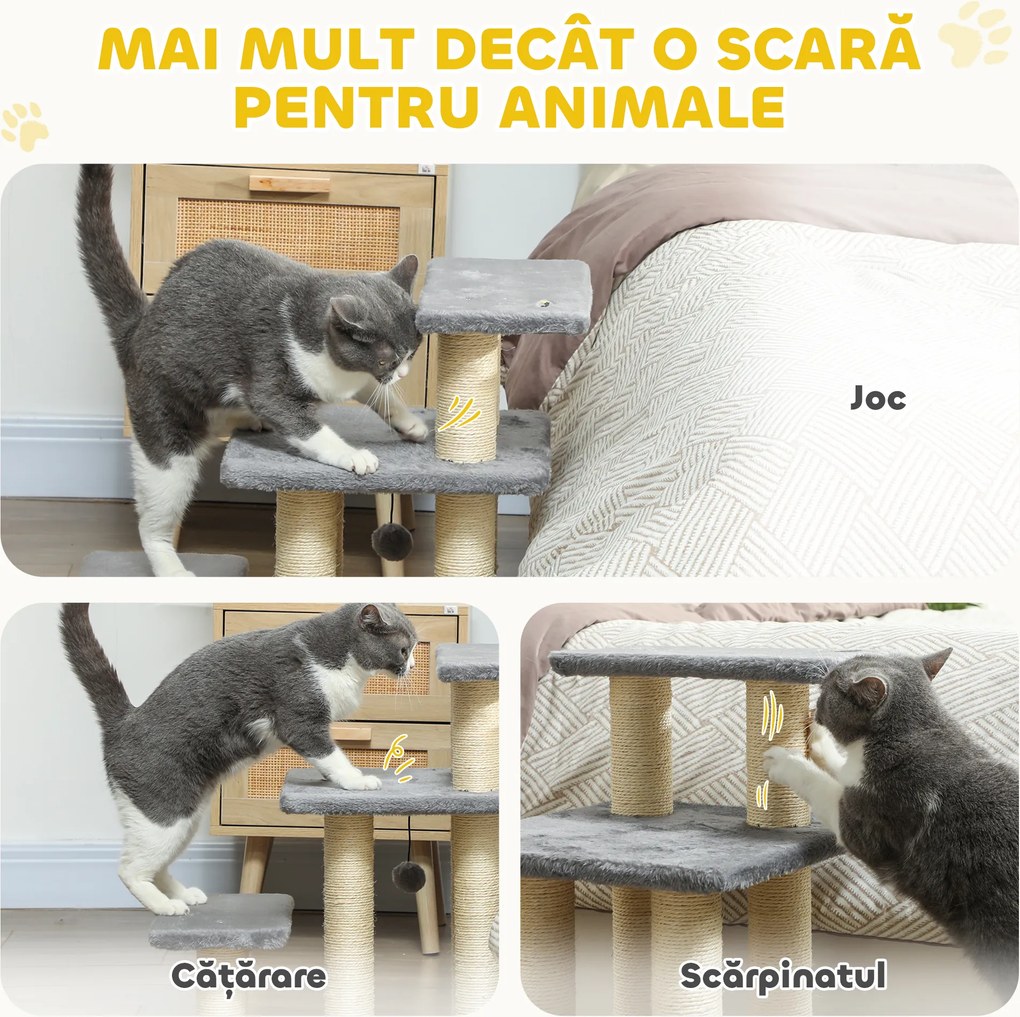 PawHut Scară pentru Câini și Pisici cu 3 Trepte din Pluș și Stâlpi Zgâriători din Sisal, Capacitate 10 kg, Gri | Aosom Romania