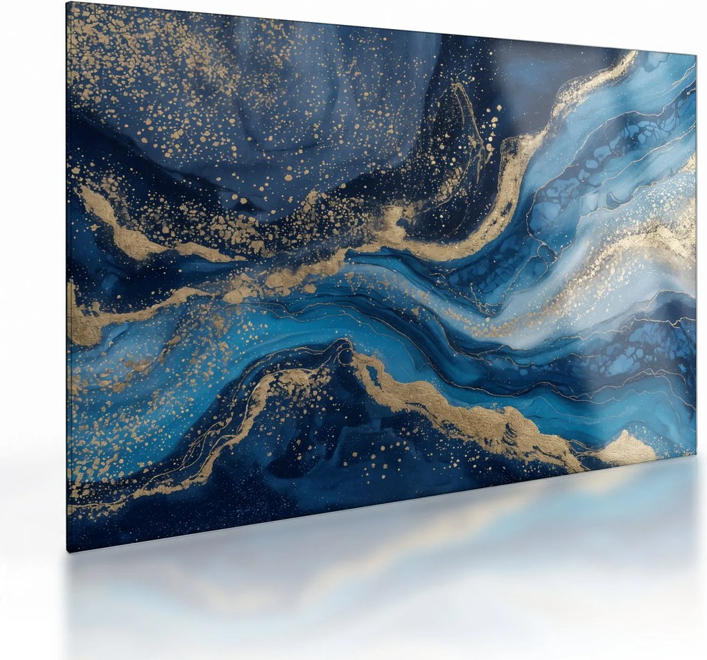 Tablou pe sticlă - Marmură abstractă albastru-aurie (70x50 cm)