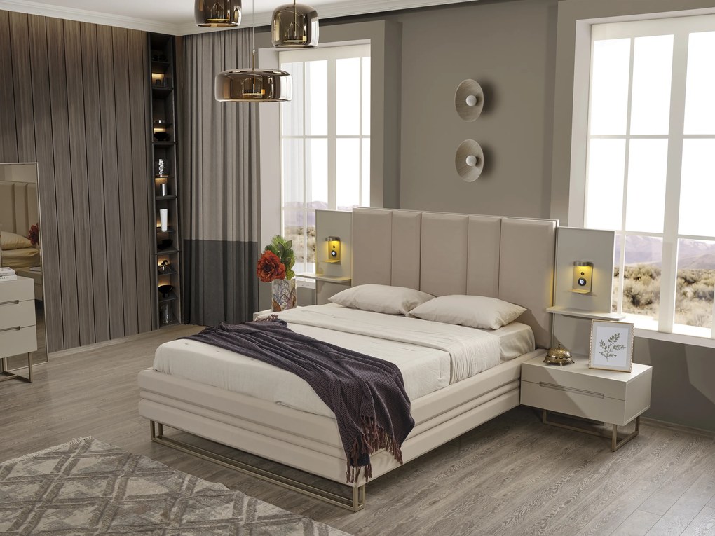 Set dormitor cu pat, noptiere, dulap, comoda din mdf crem si picioare metalice - riva