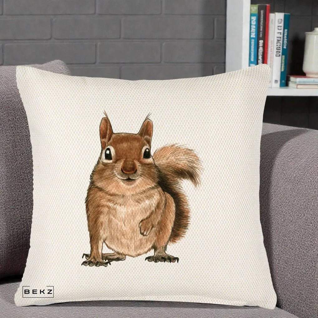 Perna Decorativa Veverita Acuarela, 40x40 cm, Crem Reliefat, Husa Detasabila, Perna Inclusa, BEKZ®