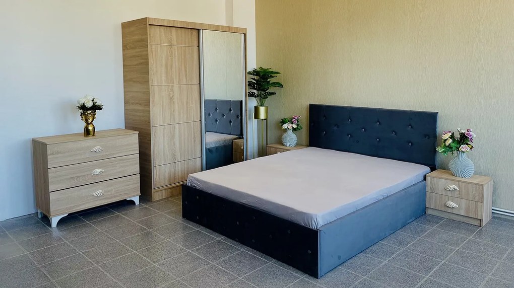 Dormitor Erika / Paris, culoare sonoma / gri, cu pat tapitat 160 x 200 cm, dulap cu oglinda 150 cm, comoda si 2 noptiere