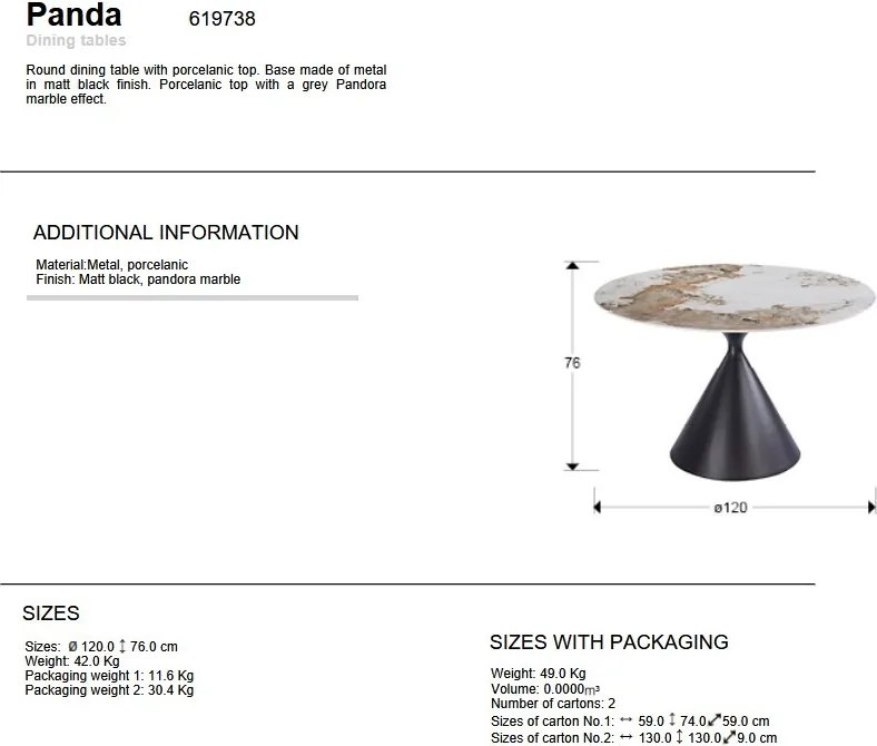 Masa rotunda metal negru/ portelan cu efect de marmura Panda 120cm