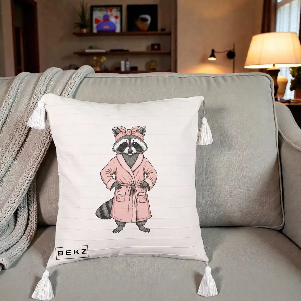 Perna Decorativa Albinuta Kawaii Vesela, 40x40 cm, Bej cu Franjuri, Husa Detasabila, Perna Inclusa, BEKZ®