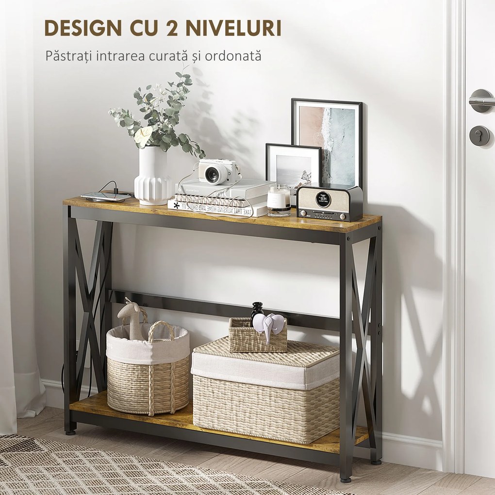 HOMCOM Masă Subțire de Consolă, Masă Industrială cu Două Nivele, Masă de Canapea Îngustă cu Cadru X din Oțel, 100x24x75 cm, Maro