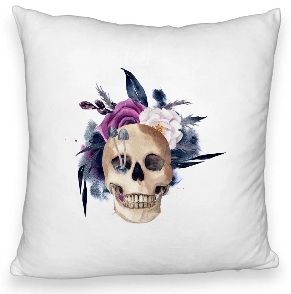 Perna Decorativa Fluffy cu motiv Craniu si Flori de Halloween, 40x40 cm, Alba, Husa Detasabila, Burduf