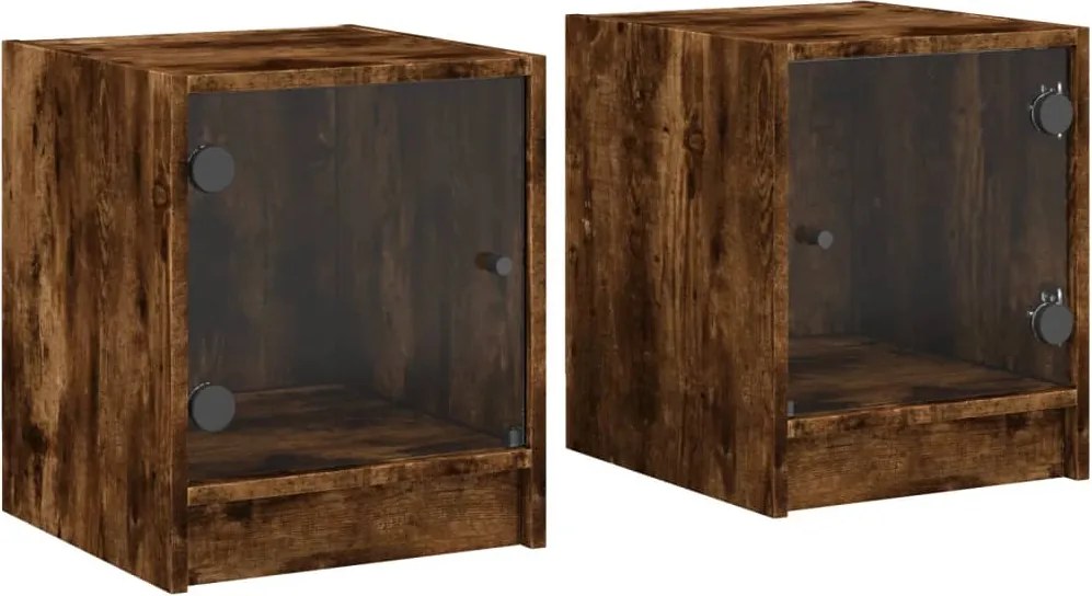 vidaXL Noptiere cu uși din sticlă, 2 buc., stejar afumat, 35x37x42 cm