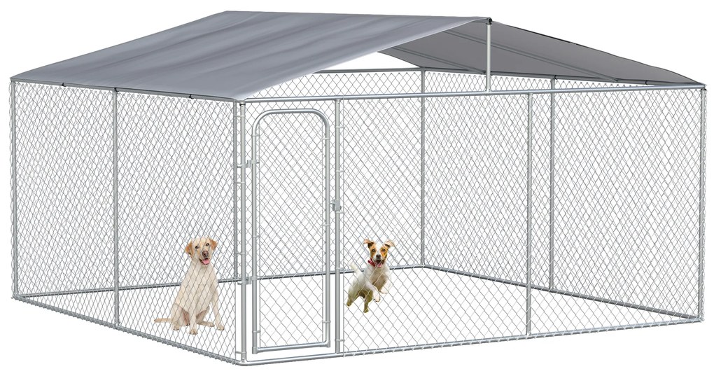 PawHut Țarc pentru Câini Talie Medie, Metal Galvanizat, Acoperiș Oxford, Ușă cu Zăvor, 400x230x232 cm, Argintiu | Aosom Romania