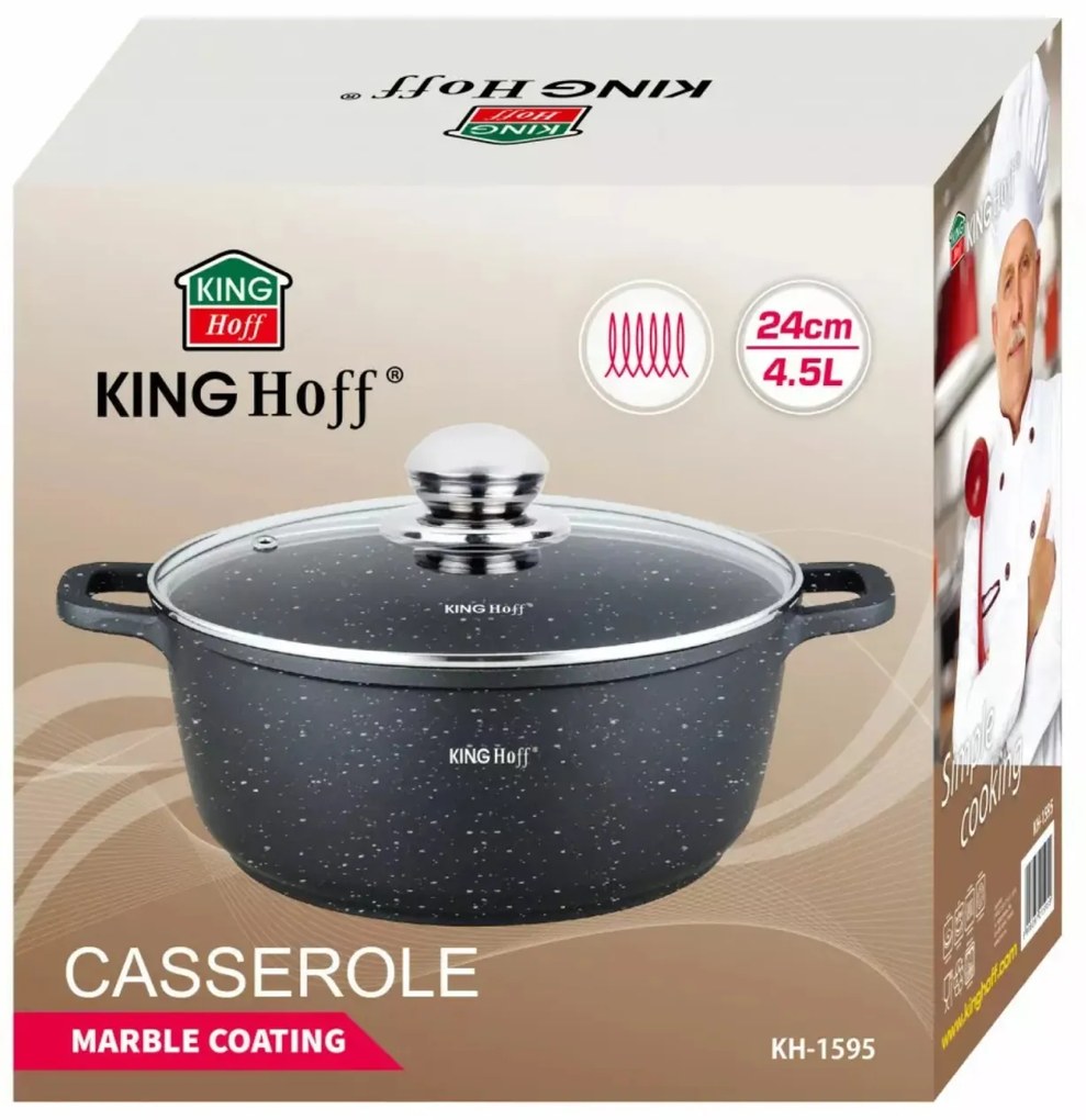 Oală cu capac 24 cm, 4.5L – Kinghoff KH 1595, strat de marmură, culoare neagră, pentru gătit zilnic, plite și inducție