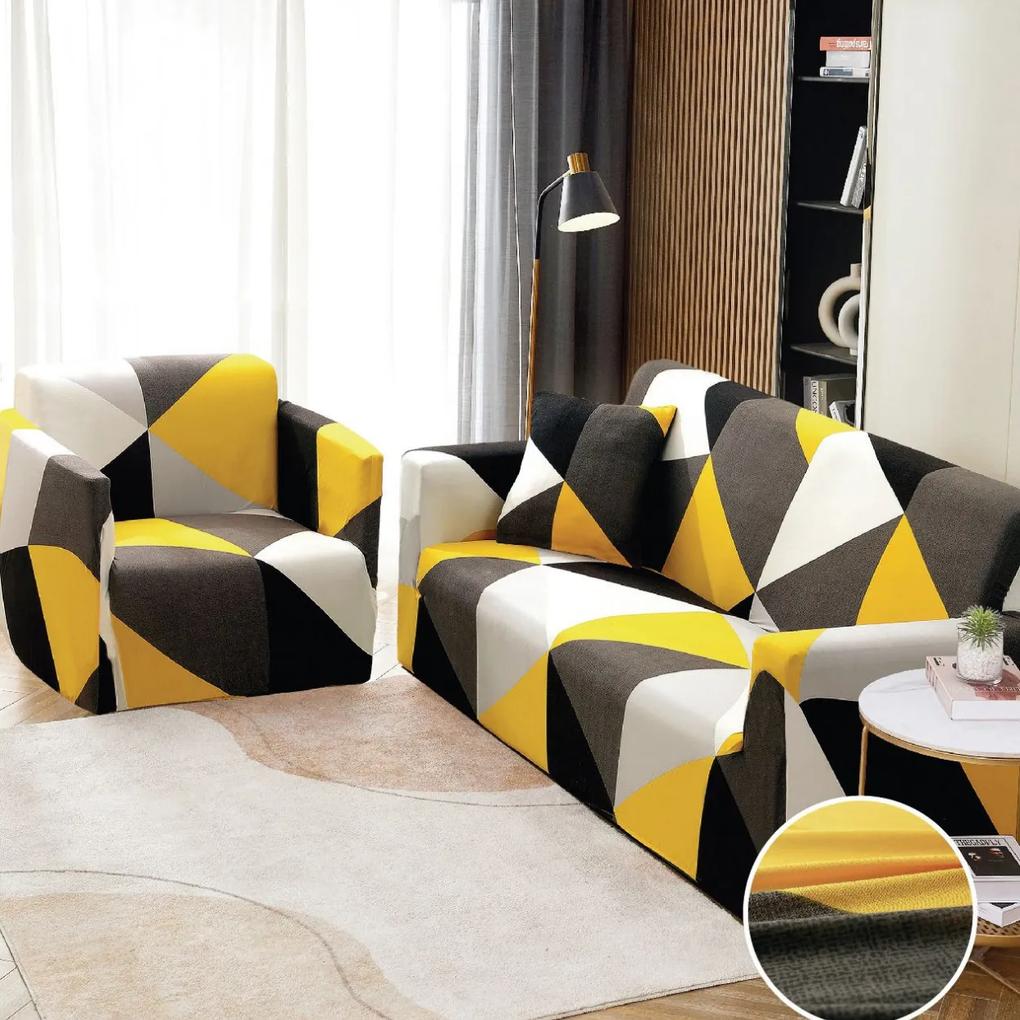 Husa elastica moderna pentru canapea 2 locuri, poliester / spandex, alb / galben, HEJ2-46