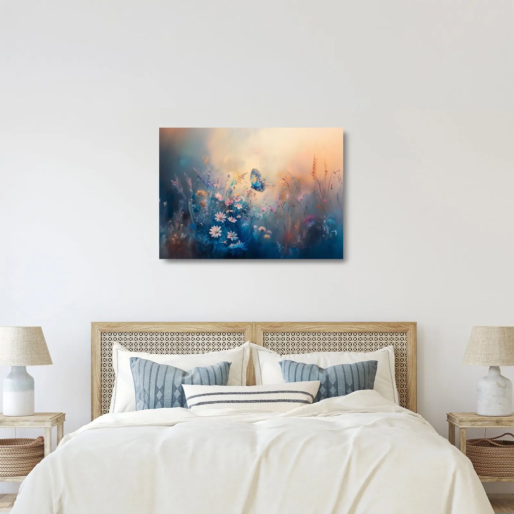 Tablou pe sticlă - Pajiște cu Fluture (70x50 cm)