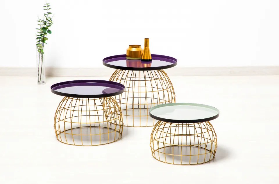 Set 3 masute de cafea rotunde din metal Laudatio 50x50x42 cm mov/lila/gri deschis