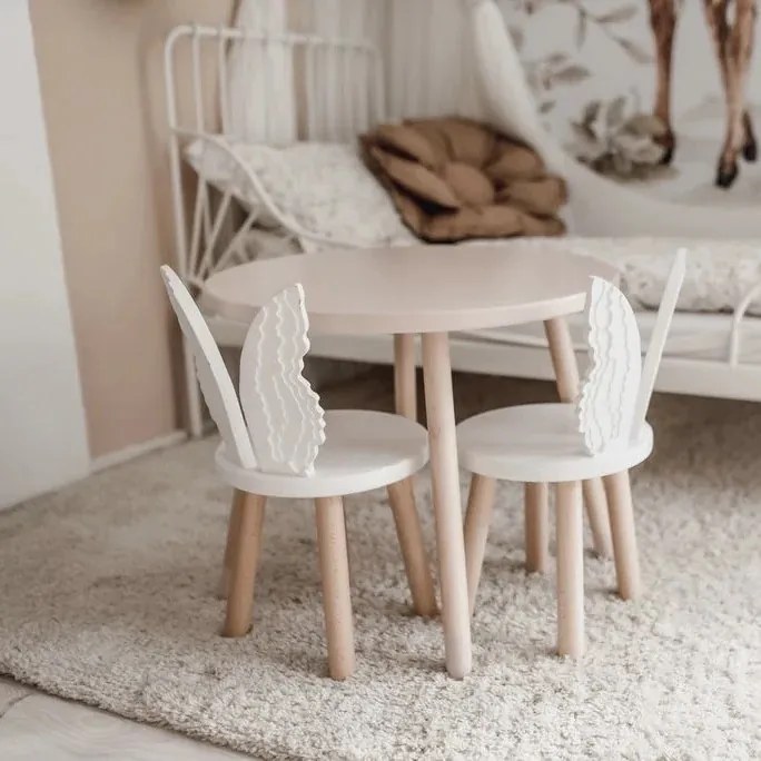 Set masuta rotunda roz si 2 scaunele ingeras albe