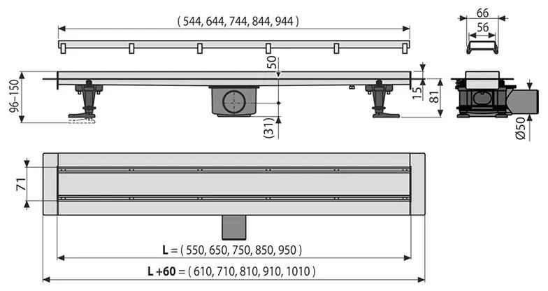 Set rigola de dus cu capac faiantabil, AlcaPlast, APZ13-DOUBLE9 FIT AND GO 95 cm