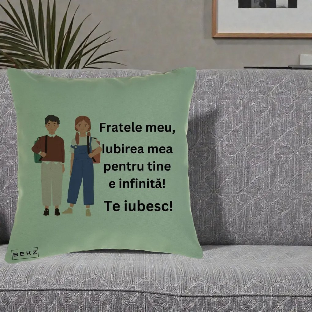 Cadou pentru Frate - Perna Personalizata Fratele Meu Te Iubesc Elevi Ilustratie Colorata, 40x40 cm, Verde, Husa Detasabila, Perna Inclusa, BEKZ®