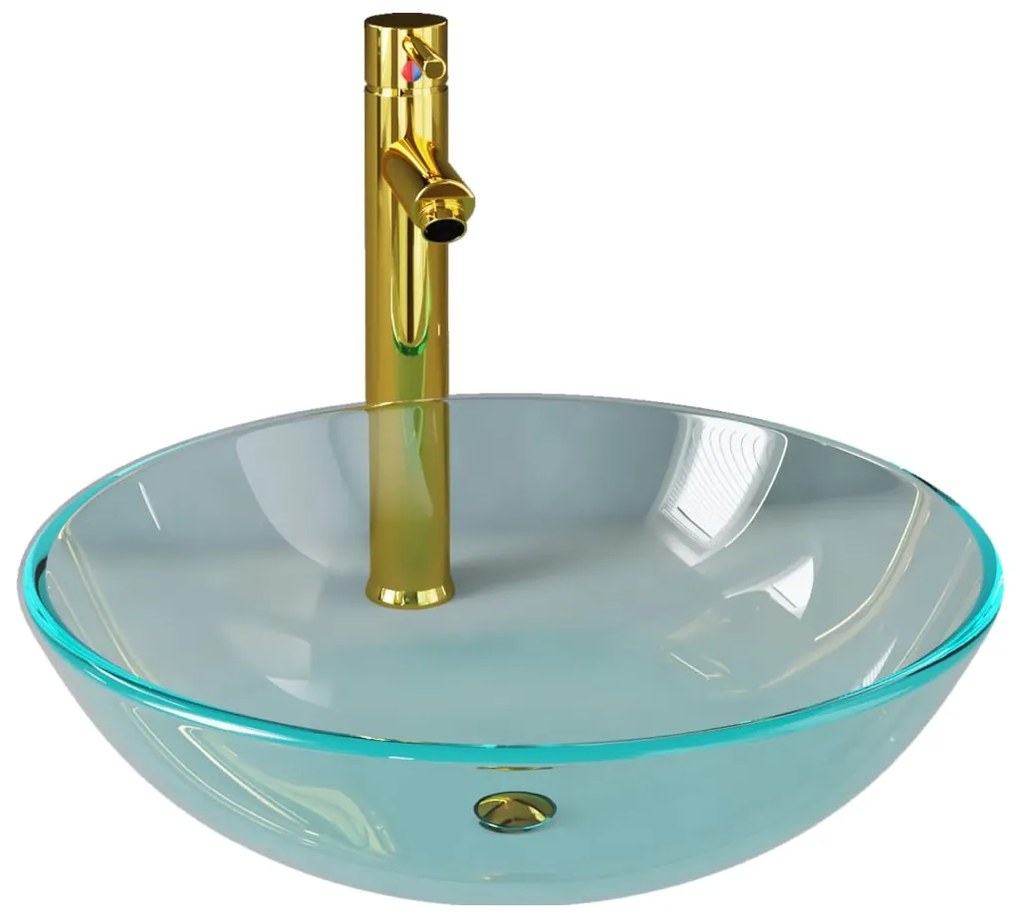 Chiuveta baie robinet si scurgere tip push, transparent sticla Transparent, Robinet auriu