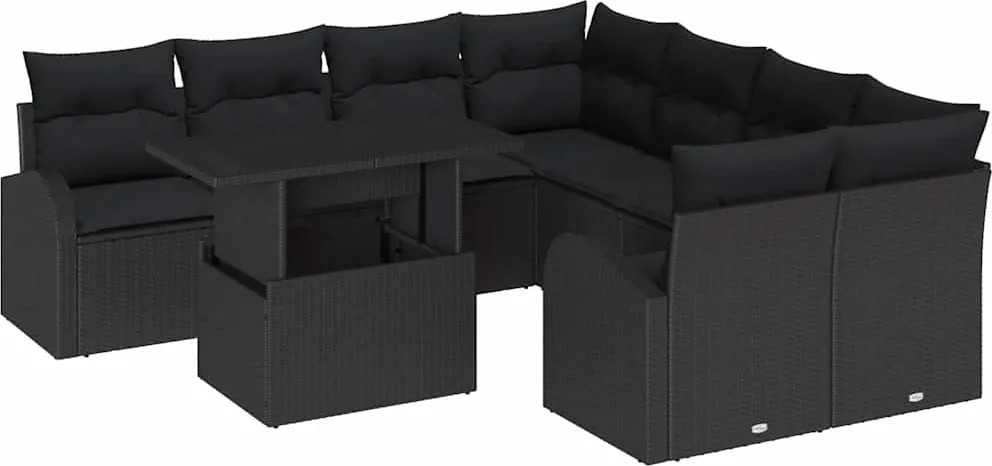 vidaXL Set de canapele pentru grădină cu pernă 9 pcs Negru Poli Rattan