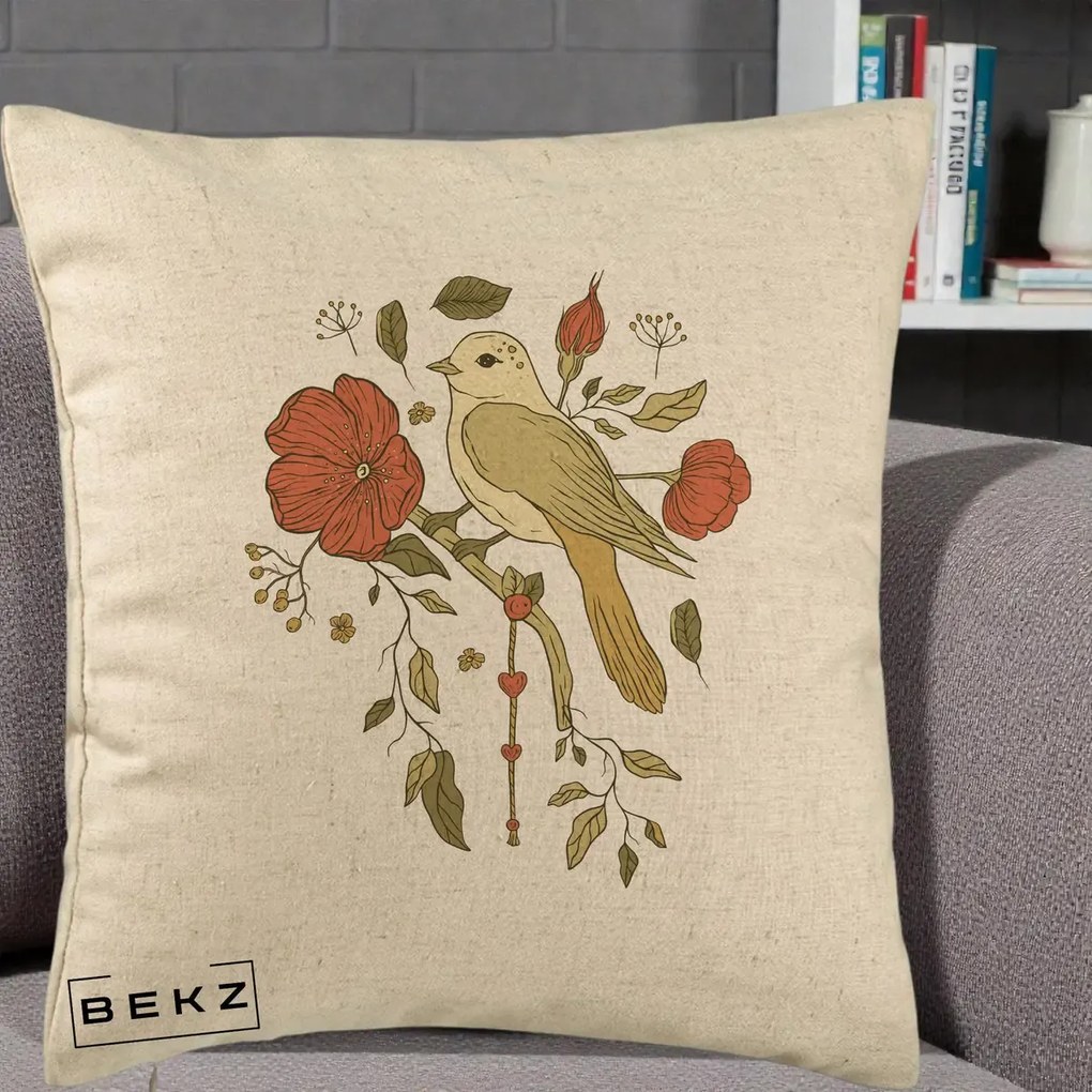 Perna Decorativa Pasare pe Ramura cu Maci, 40x40 cm, Bej, Husa Detasabila, Perna Inclusa, BEKZ®