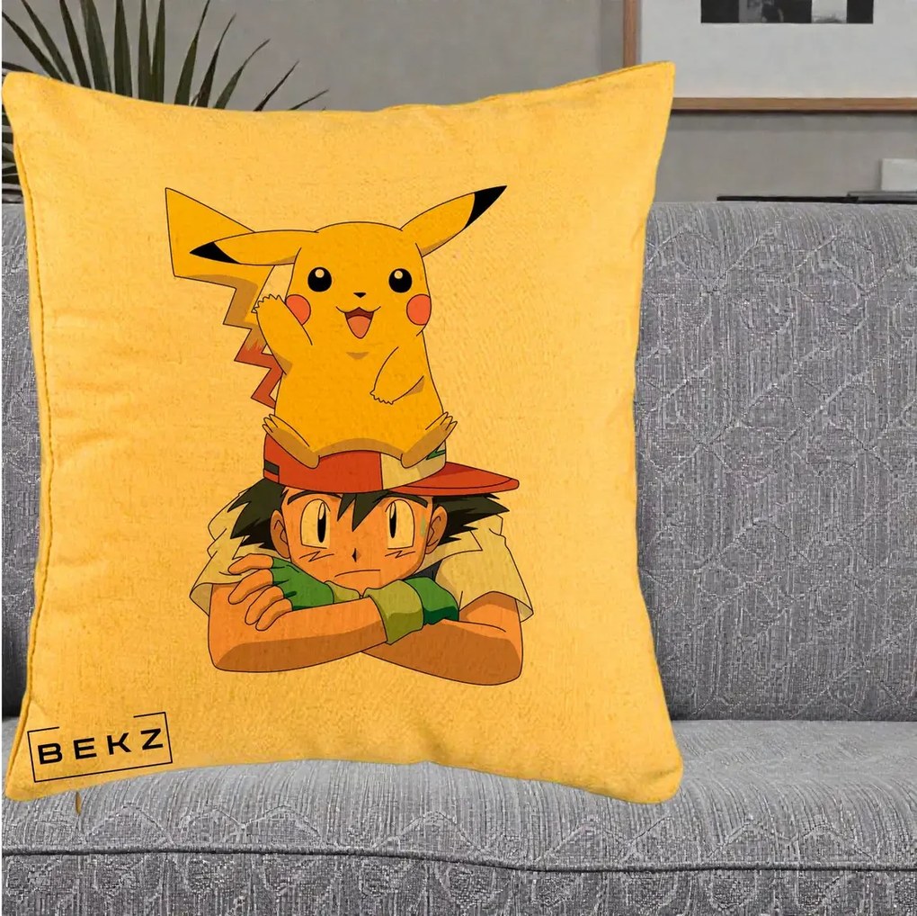 Perna Personalizata Ash si Pikachu, 40x40 cm, Galben, Husa Detasabila, Perna Inclusa, BEKZ®