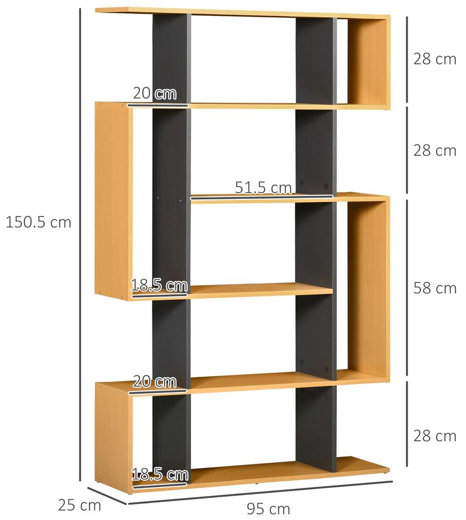 HOMCOM Biblioteca moderna cu 5 nivele si  13 rafturi deschise si design esalonat, din PAL, 95x25x150,5 cm, culoare gri si lemn | AOSOM RO