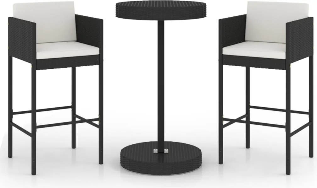 vidaXL Set mobilier bar de grădină cu perne, 3 piese, negru, poliratan