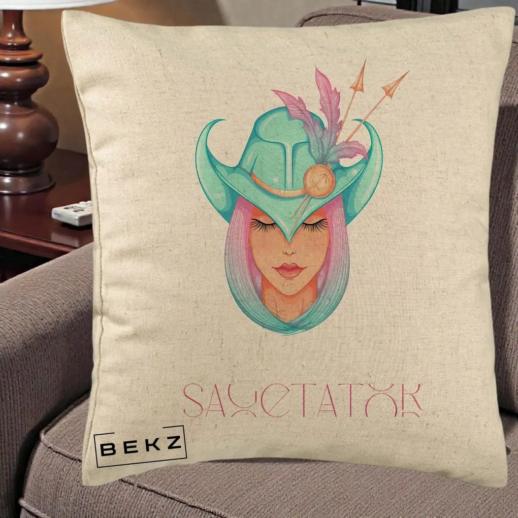 Perna Personalizata Zodiac Sagetator Cowgirl, 40x40 cm, Bej, Husa Detasabila, Perna Inclusa, BEKZ®