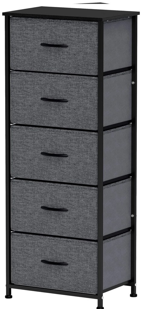 HOMCOM Comodă 5 sertare mobilier de depozitare sertar din material pliabil - structură din oțel negru - 45 x 30 x 116 cm gri închis | Aosom Romania