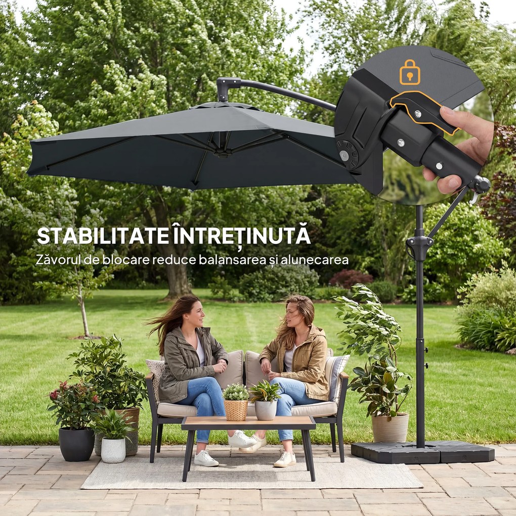 Outsunny Umbrelă de Grădină Offset 3x3 m, Umbrelă de Exterior cu Greutăți Reumplibile, Bază în Formă de Cruce, Sistem de Blocare, Manivelă, pentru Piscină Terasă, UV 30+, Gri Închis | Aosom Romania