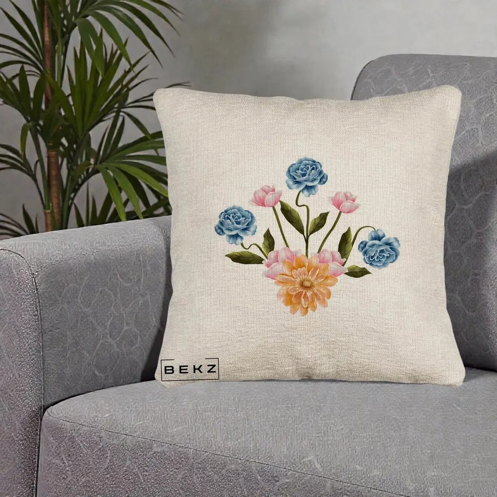 Perna Decorativa Buchet Primavara Acuarela, 40x40 cm, Bej Canapea, Husa Detasabila, Perna Inclusa, BEKZ®