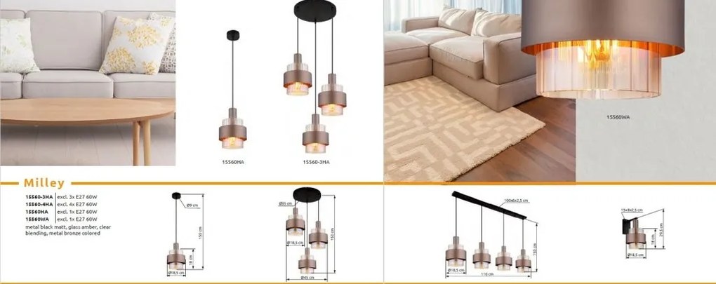Lustra cu 3 pendule Sticla Chihlimbar Metal Bronz MILLEY