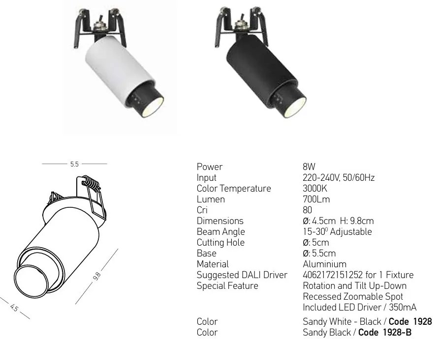 Corp incastrabil LED Zoomable Spot negru