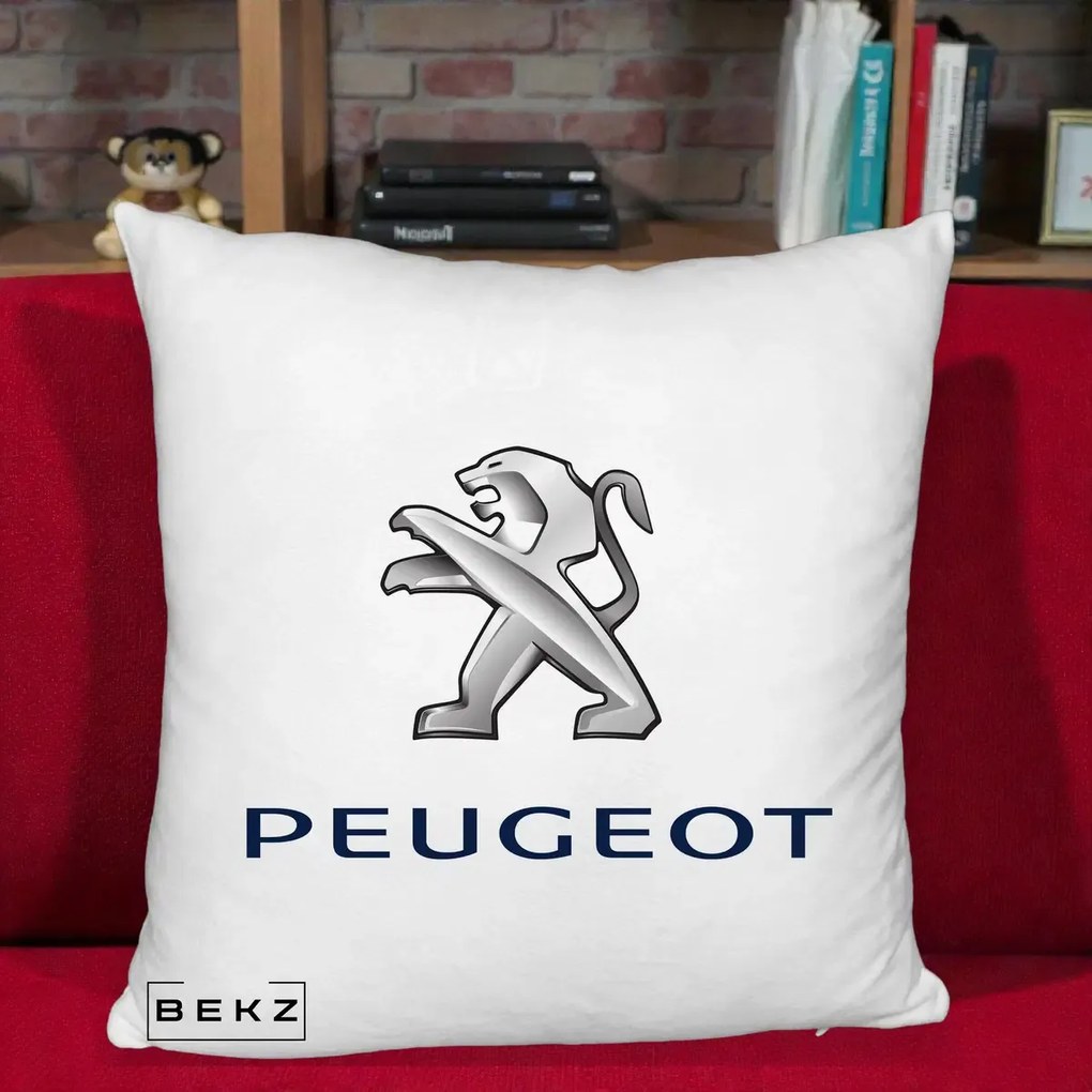 Perna Personalizata cu emblema Peugeot, 40x40 cm, Alb Pufos, Husa Detasabila, Perna Inclusa, BEKZ®