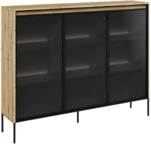 Vitrina 3 usi, sticla fumurie, LED, stejar, Moody