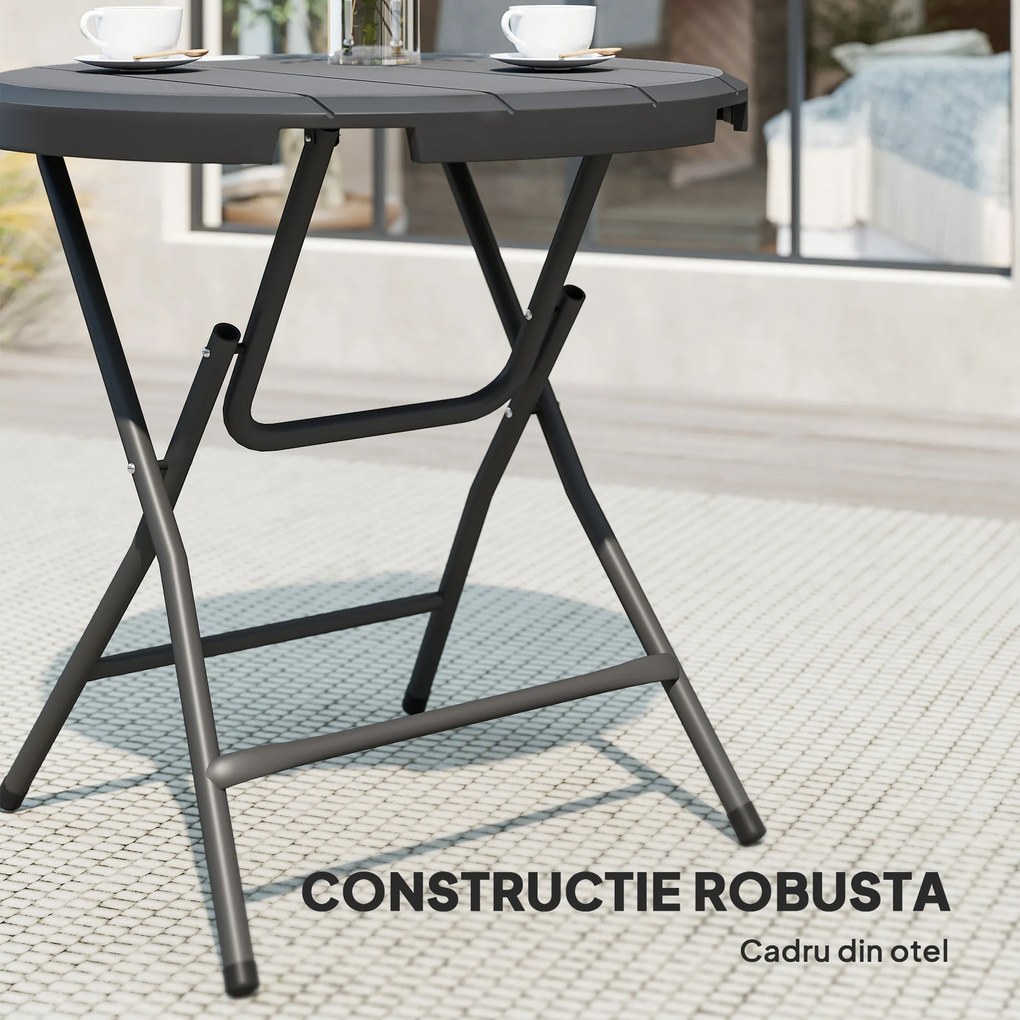 Outsunny Masă de Grădină, rotundă, pliabilă, pentru 4 persoane, efect lemn, oțel+plastic, gri închis, 80 x 80 x 73 cm | Aosom Romania