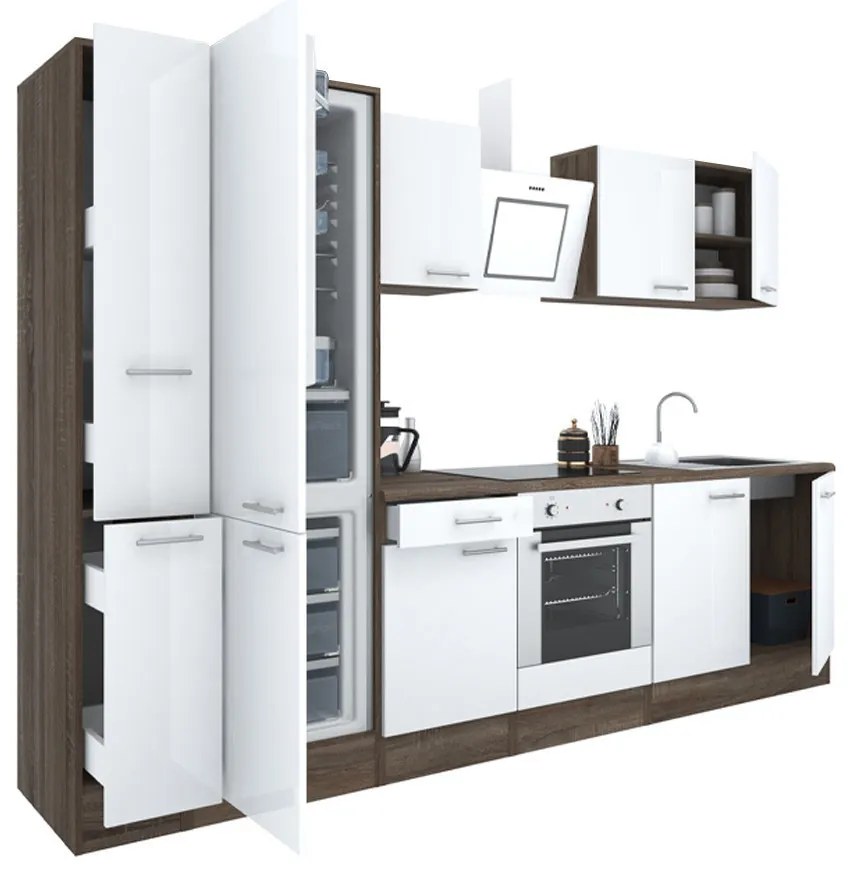 Mobilă de bucătărie Yorki 300, corp din stejar Yorki, față alb satinat, element cuptor inferior, frigider congelator inferior