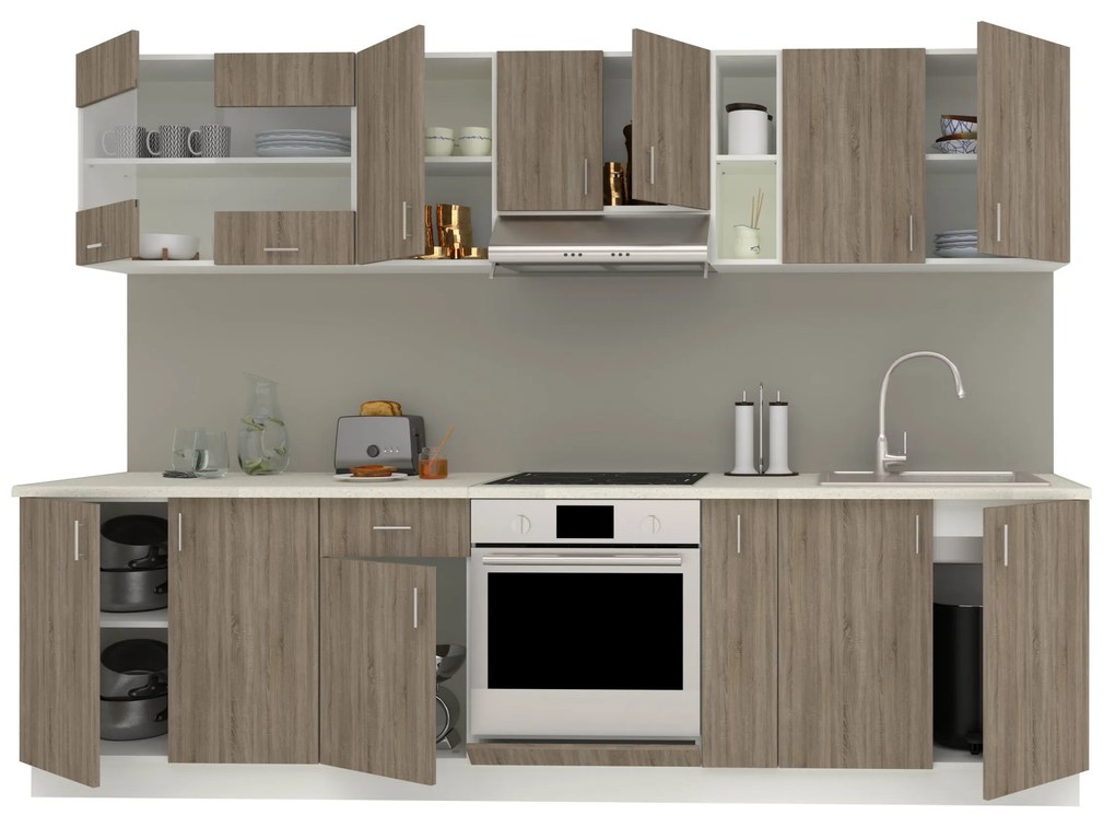 Set Bucatarie Karo V21, Stejar Sonoma Inchis/Alb, Blat Thermo 28 mm, L 280 cm